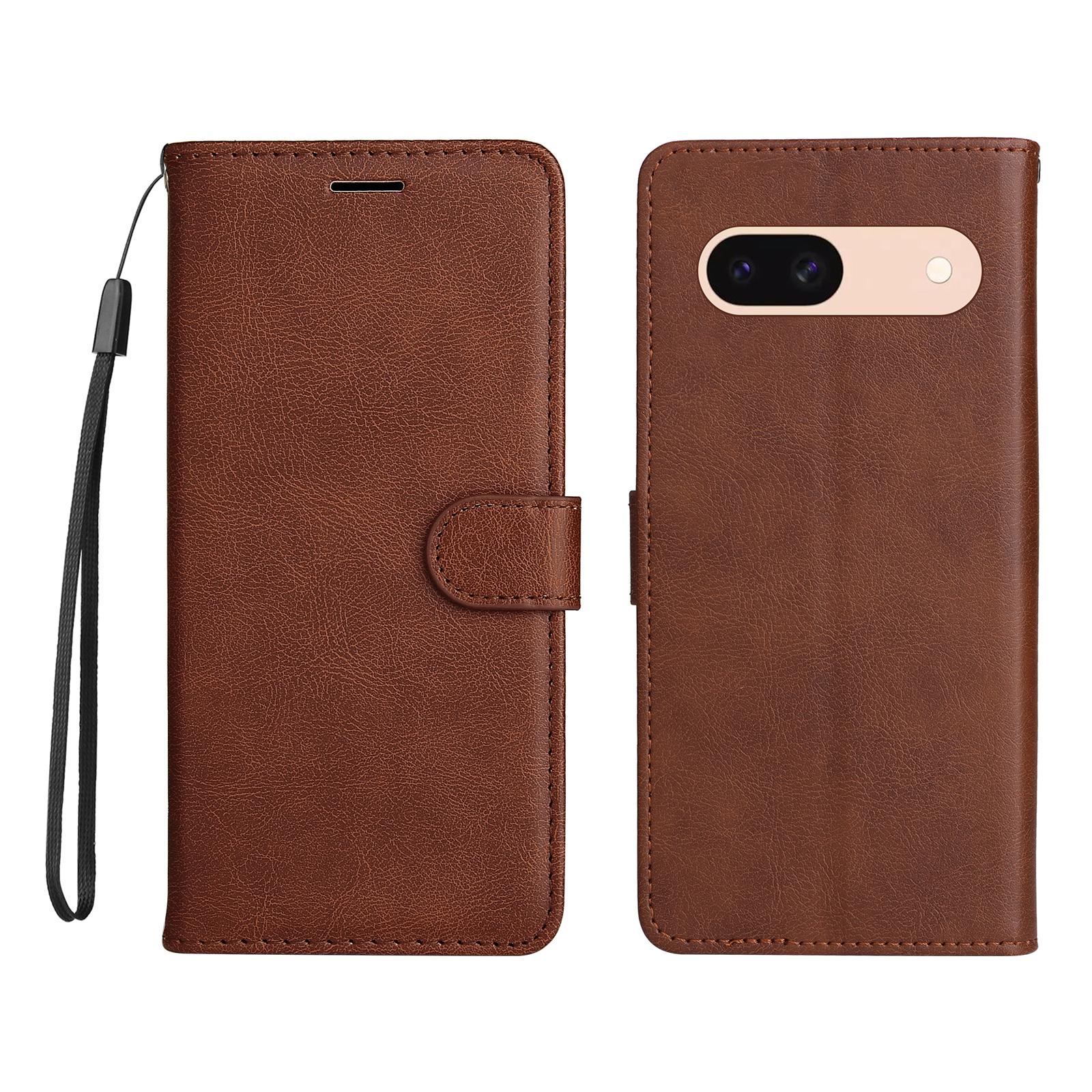 

For Google Pixel 8a Leather Wallet Case with Strap Solid Color Phone Stand Cover Brown