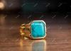 Tibetan Turquoise Mens Signet Ring, 14k Gold Vermeil Ring, 925 Sterling Silver Handmade Square Gemstone Bezel Jewelry For Her
