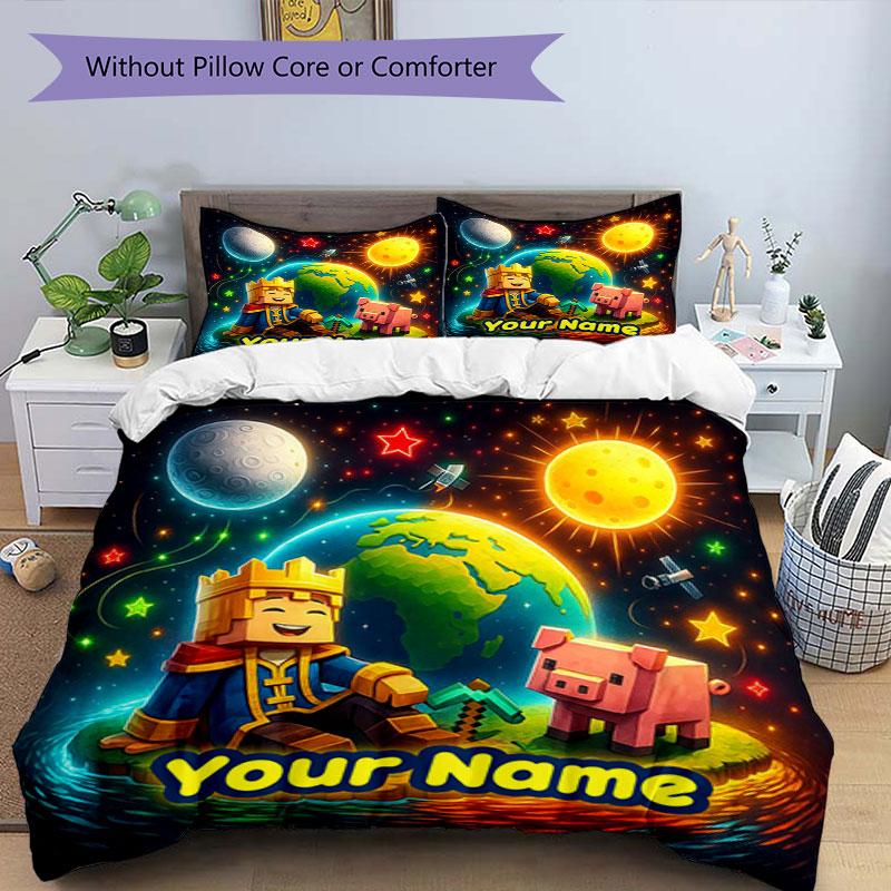 3PC Custom Name "Space Adventure Friends" Bedding Set Printed Bedding Set Duvet Cover Closure Includes 1 Duvet Cover & 288 Pillowcases for Bedroom