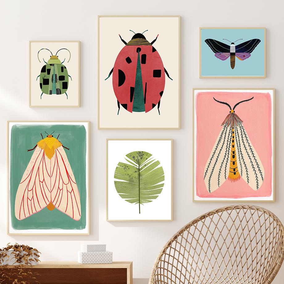 Butterfly Wall Art Ladybug Tiger Moth Beetle Feather Canvas Painting Nordic Poster Printing Wall Pictures Living Room Decoration