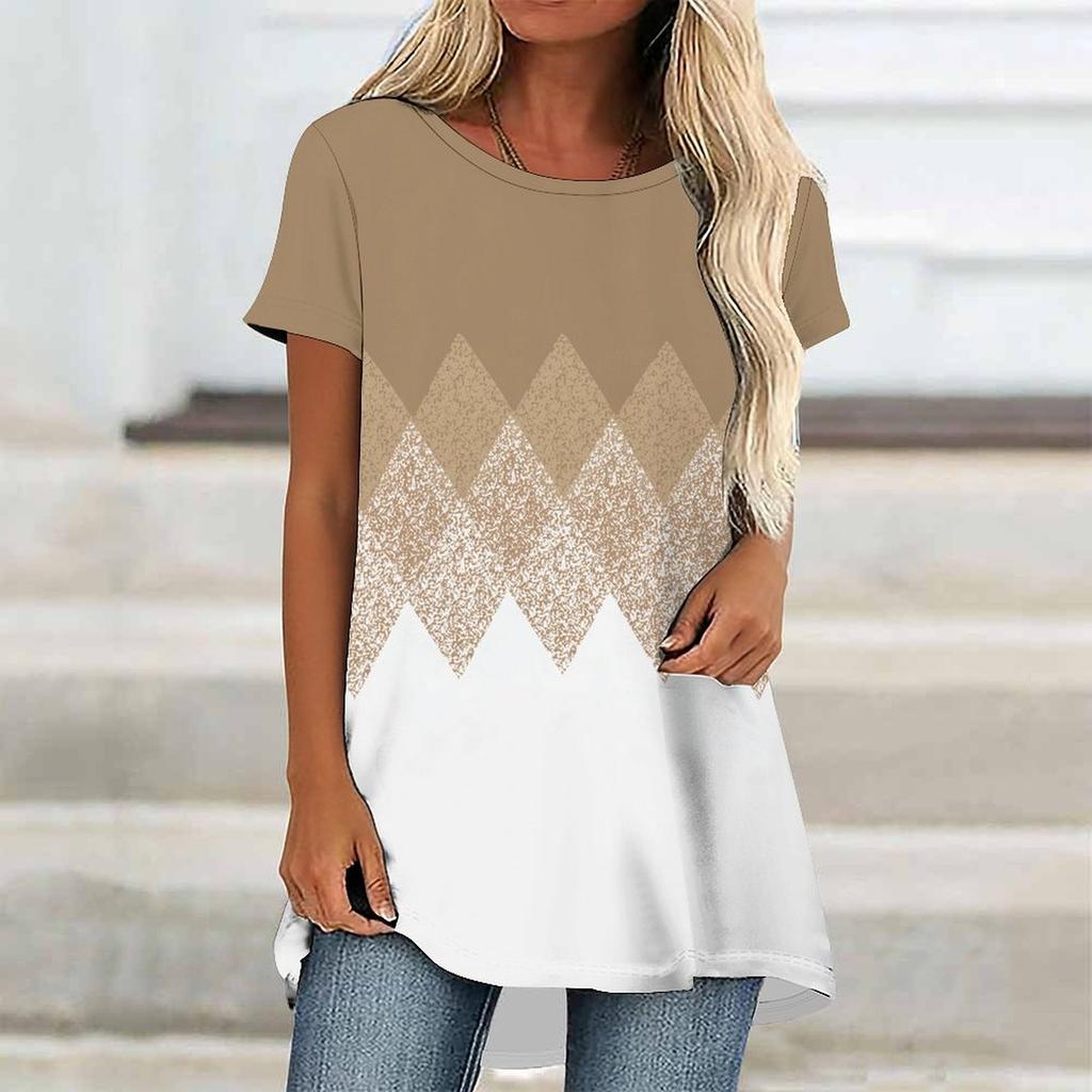 Túnicas Casuales Informales para Mujer con Estampado, Cuello Redondo, Dobladillo Irregular y Manga Corta