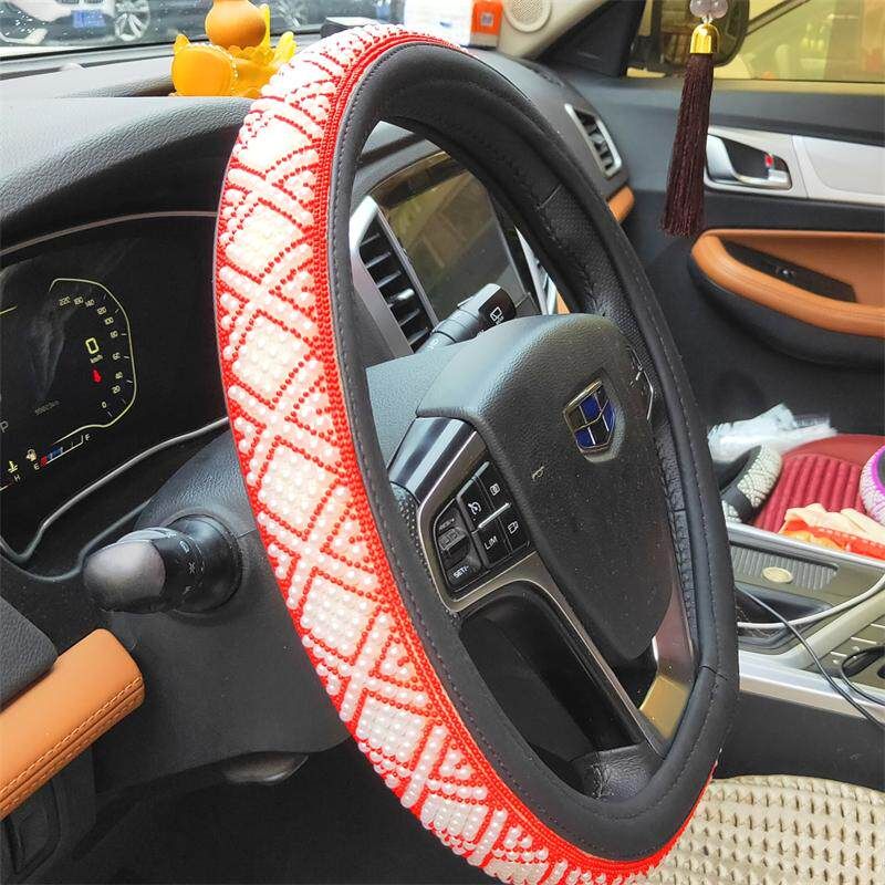 

Pearl Diamond Car Steering Wheel Cover All Year Round Neutral Volkswagen Kia Honda Toyota Chery Non Slip Bead Handle Cover Red Frame White Pearl