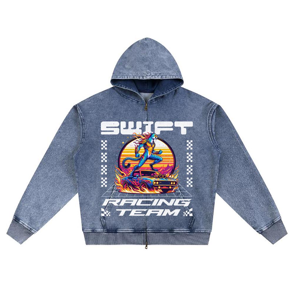 DTG Print Knitted Denim Zip-Up Hoodie Swift Racing Team Brother Print Zipper Hoodies  