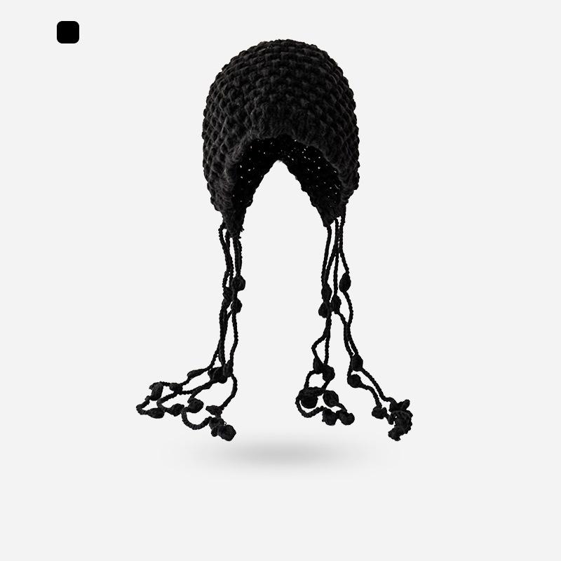 Autumn and Winter Women's Big Head Circumference Bag Hat Shows a Small Face, Thickened Ear Protection Warm Hat, Hand-woven Fringed Knitted Hat