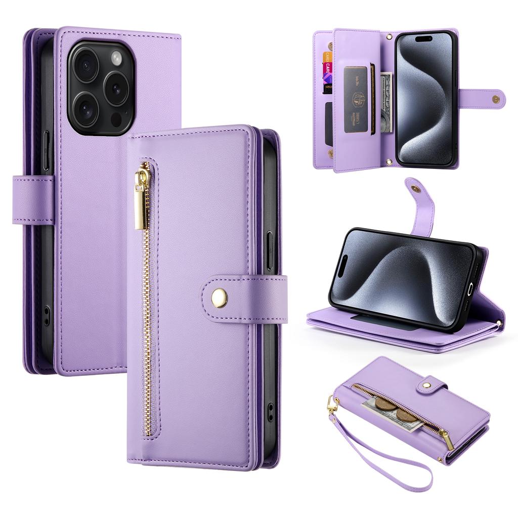 DF-011 For iPhone 15 Pro Case Zipper Leather Phone Cover with Shoulder Strap and Hand Strap