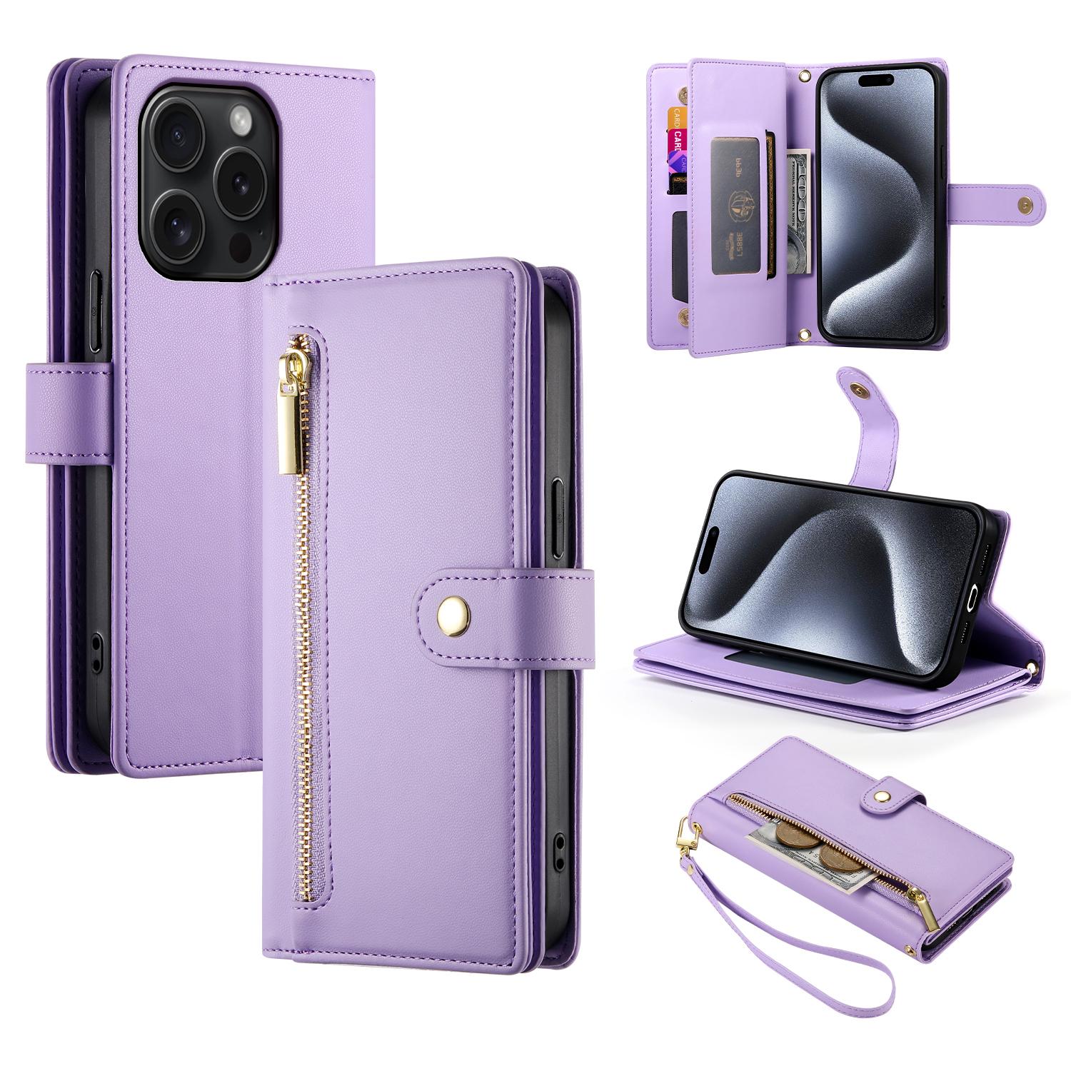 

DF-011 For iPhone 15 Pro Case Zipper Leather Phone Cover with Shoulder Strap and Hand Strap D