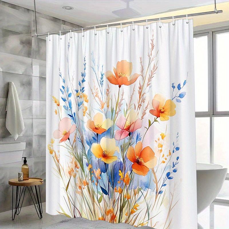 Orange Poppies & Blue Floral Watercolor Shower Curtain - Polyester Woven, 12 Hooks,Washable & Line Dry, Fashionable Home Decor