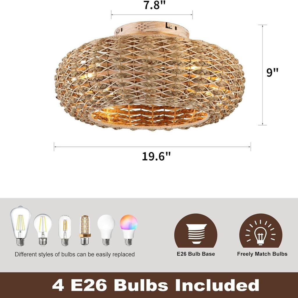 Retro Minimalist Ceiling Fan Light Hemp Rope Iron Cage Industrial Style Bedroom Home Decoration Fan Rattan Rope Fan Light 110v