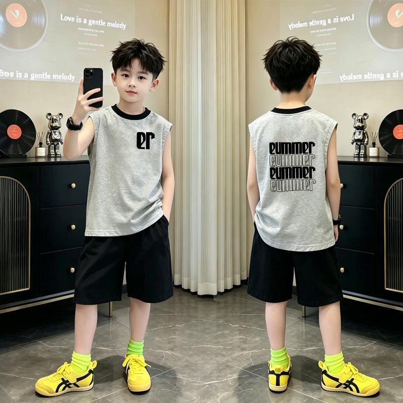 Boys' Korean Style Cotton Color Block Sleeveless Vest Set - Summer 2026 New Arrivals, Medium & Large, Round Neck Trendy Top