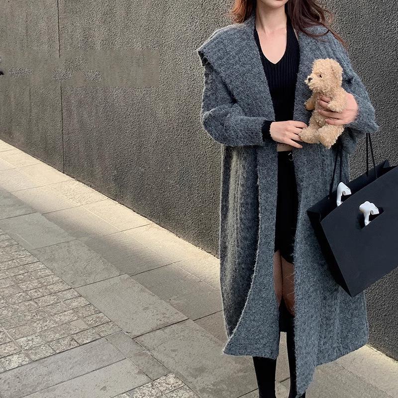 

Women s French Retro Long Knitted Cardigan with Turn-Down Collar - 2025 Autumn/Winter Collection One Size серый