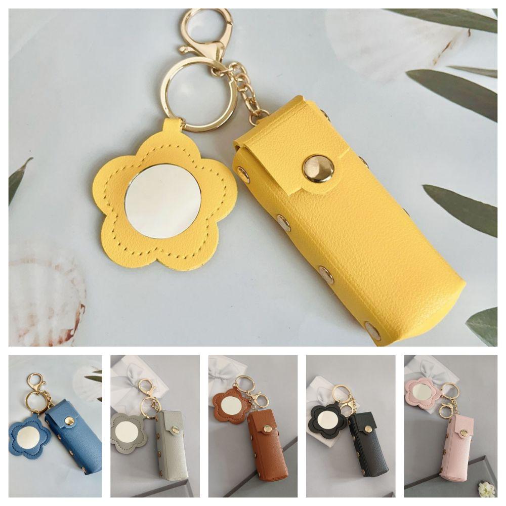 Portable Lipstick Bag Packet PU Leather Backpack Hangings New Flower Mirror Keychain  Keyring Gift