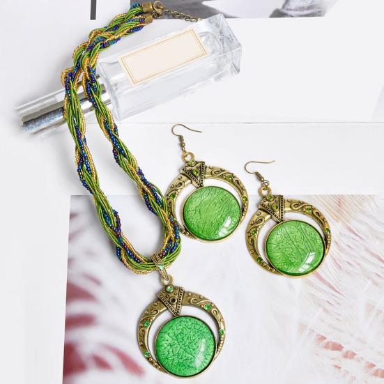 2Pcs/Set Bohemian Unique Carved Round Earrings Necklace Set Multilayer Beads Chain Pendant Necklace Hook Earrings Jewelry Accessories