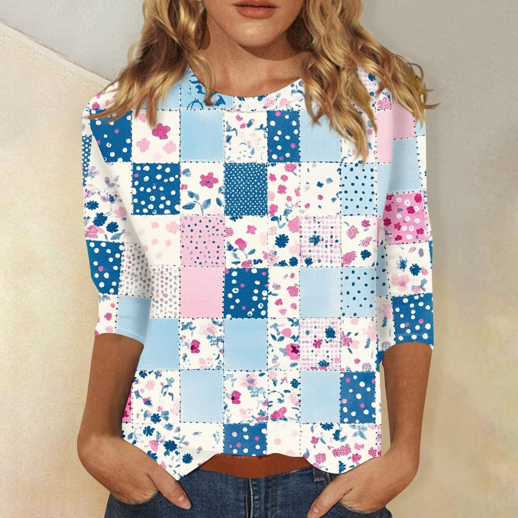 Women's Fashion Casual Three-quarter Sleeve Vintage Floral Print Round Neck Top