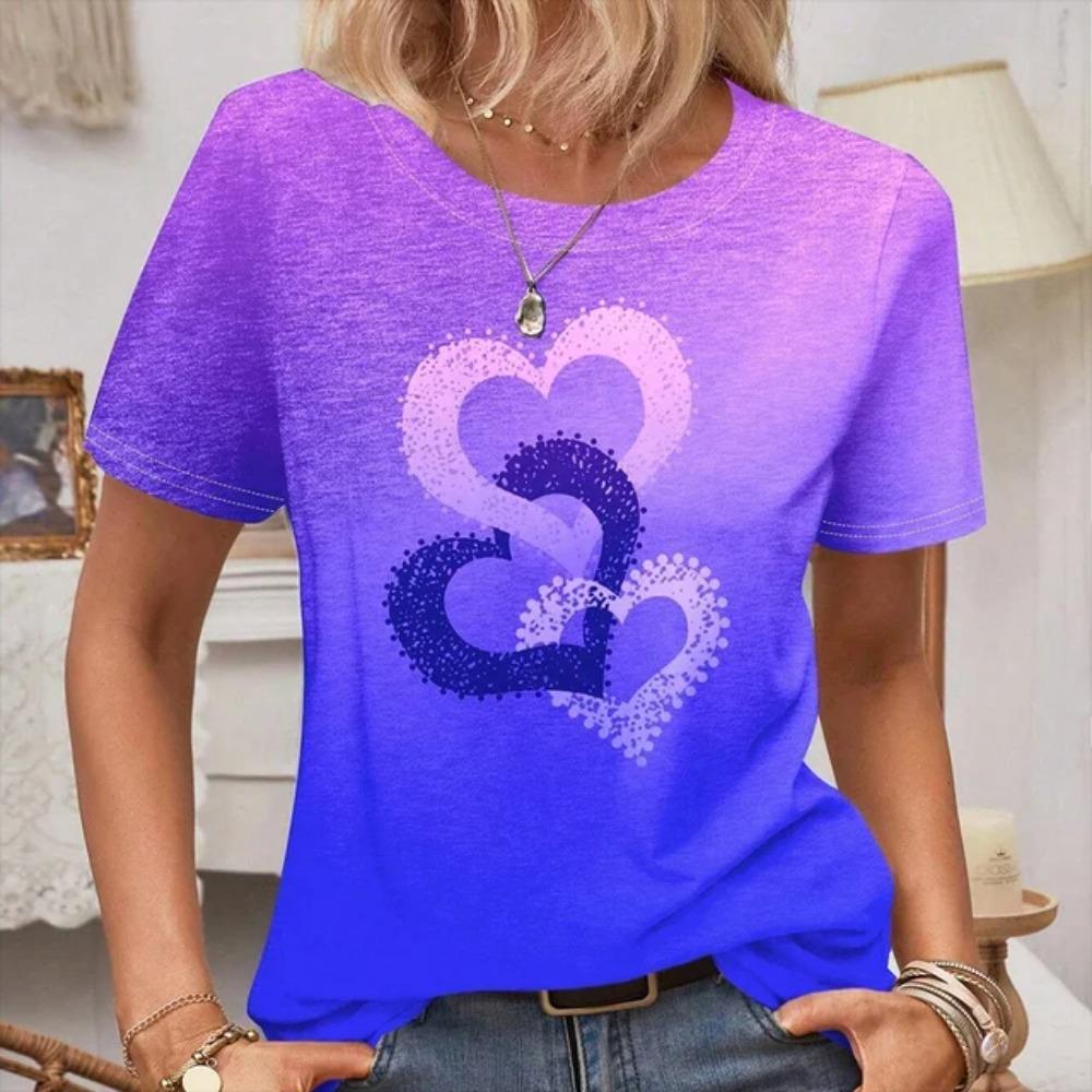 20245 Damen Rundhals Kurzarm T-Shirt Liebesmuster Top Damen Casual T-Shirt Y2K Mode Atmungsaktiv Kurzarm