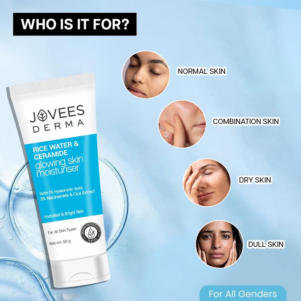 Jovees Derma Ceramides Moisturizer 50g | Intense Hydration Face Cream With Hyaluronic & Rice Water | Barrier Repair For Dry Sensitive Skin