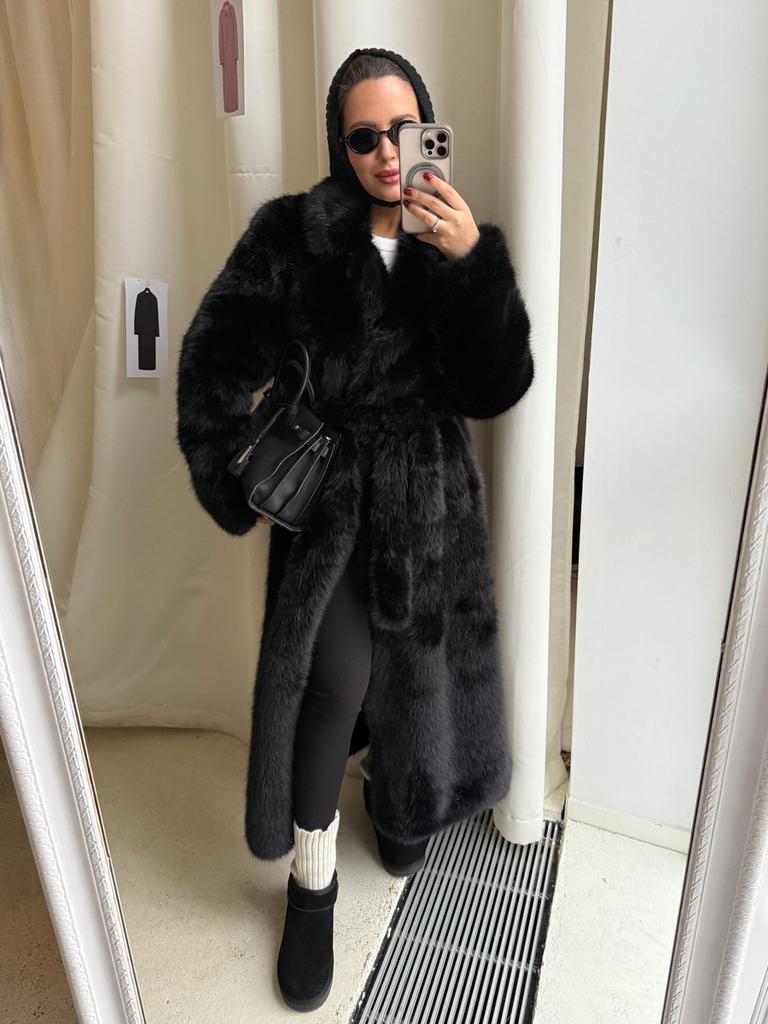 Luxury New Women’s  Artificial Faux Mink Fur Longline Belted Thick Warm Winter Coat