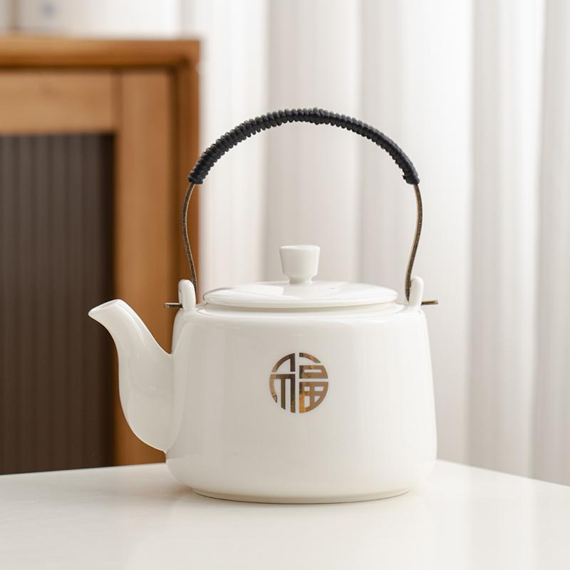 Mutton-fat jade porcelain teapot, Restaurant household tea kettle, White porcelain cold water kettle, Kungfu tea set, 600ml