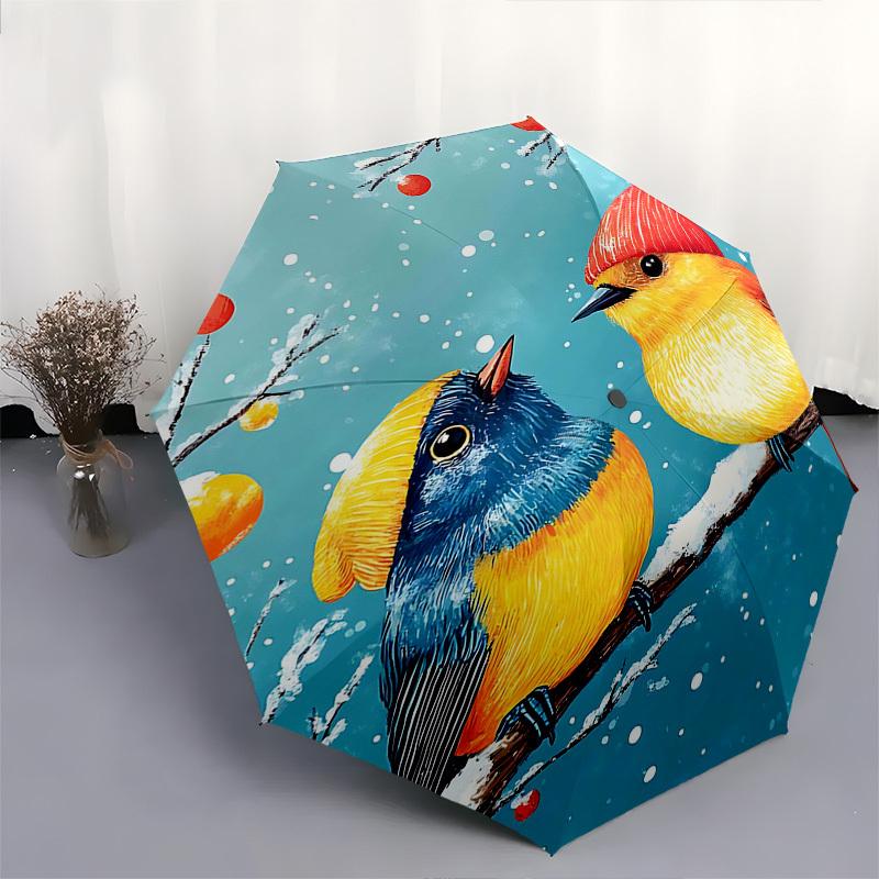 1pc Winter Wonderland Birds Auto-Folding Umbrella, Portable 3-Fold Design with 8-Bone Iron Frame, Perfect for Fans, Travelers, Daily Use, Festive Gift