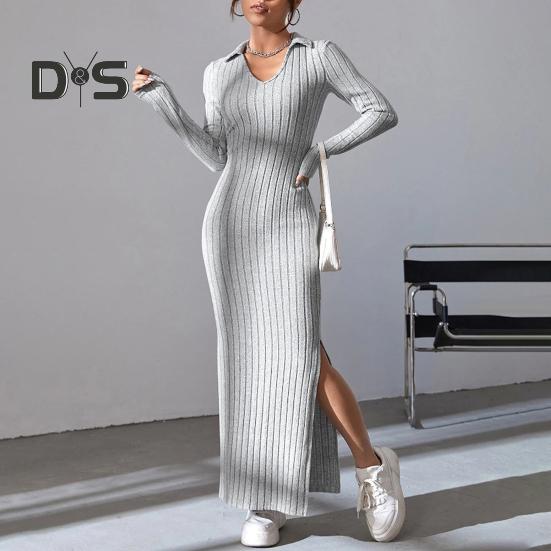 Women Spring Fall Dress V Neck Slit Hem Thread Slim Fit Long Sleeves Ankle Length Knitted Elastic Maxi Dress Shopping Dating Party Dress
