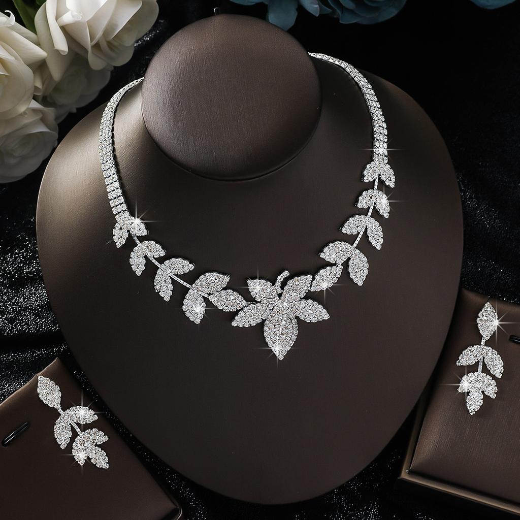 European and American Fashion Personalized Full Diamond Leaf Necklace Earrings Bridal Wedding Accessories
