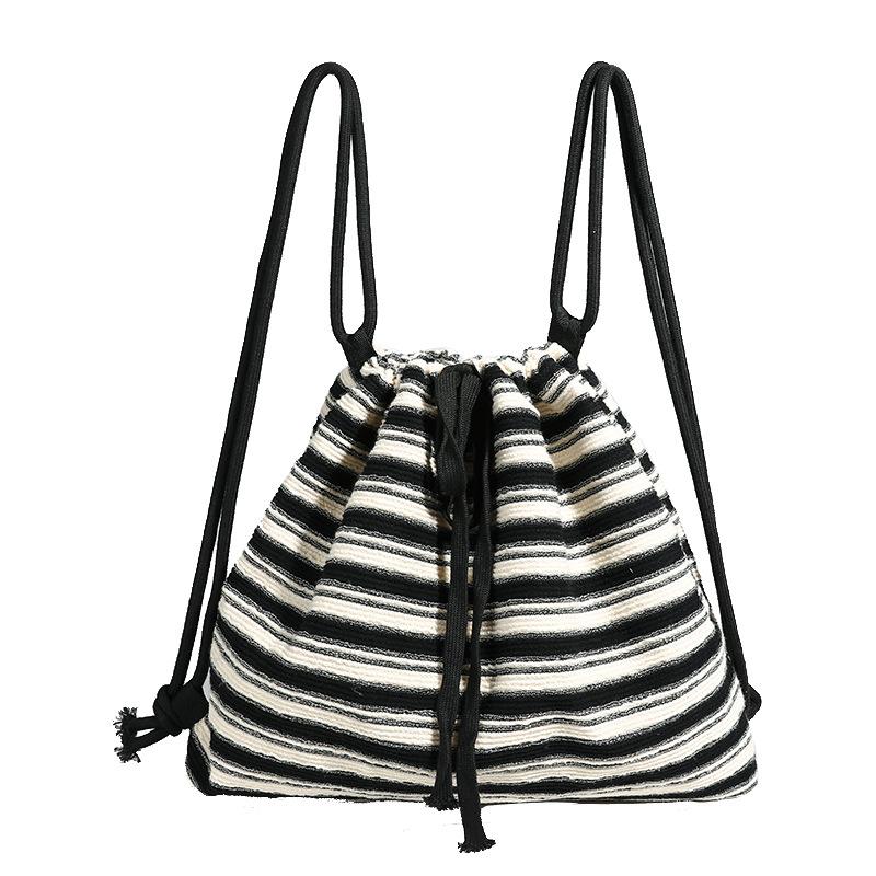 Striped Commuter High-capacity Drawstrap Single Shoulder All-in-one Fashion Women's Knitted Black and White Striped Backpack