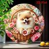 Pomeranian In Flower Basket Flat Metal Wall Art for Home Decoration