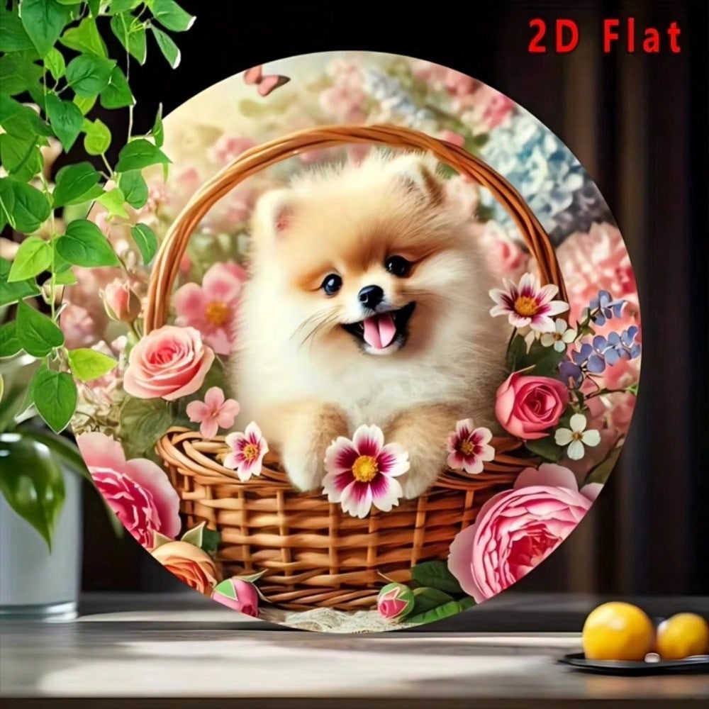 

Померанский шпиц в корзине с цветами Плоское металлическое настенное искусство для украшения дома 20x20