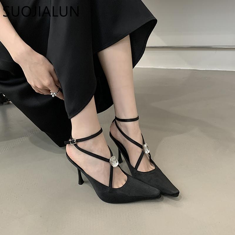Fashion SUOJIALUN 2025 New Brand Women Sandal Fashion Big Crystal Ladies Elegant Slingback Shoes Thin High Heel Pointed Toe Dress Pumps
