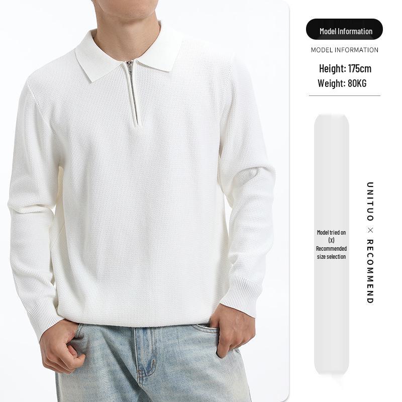 Men s High-End Long-Sleeve Knit Polo with Business Lapel and Half-Zip Pineapple Pattern Sweater XXL белый