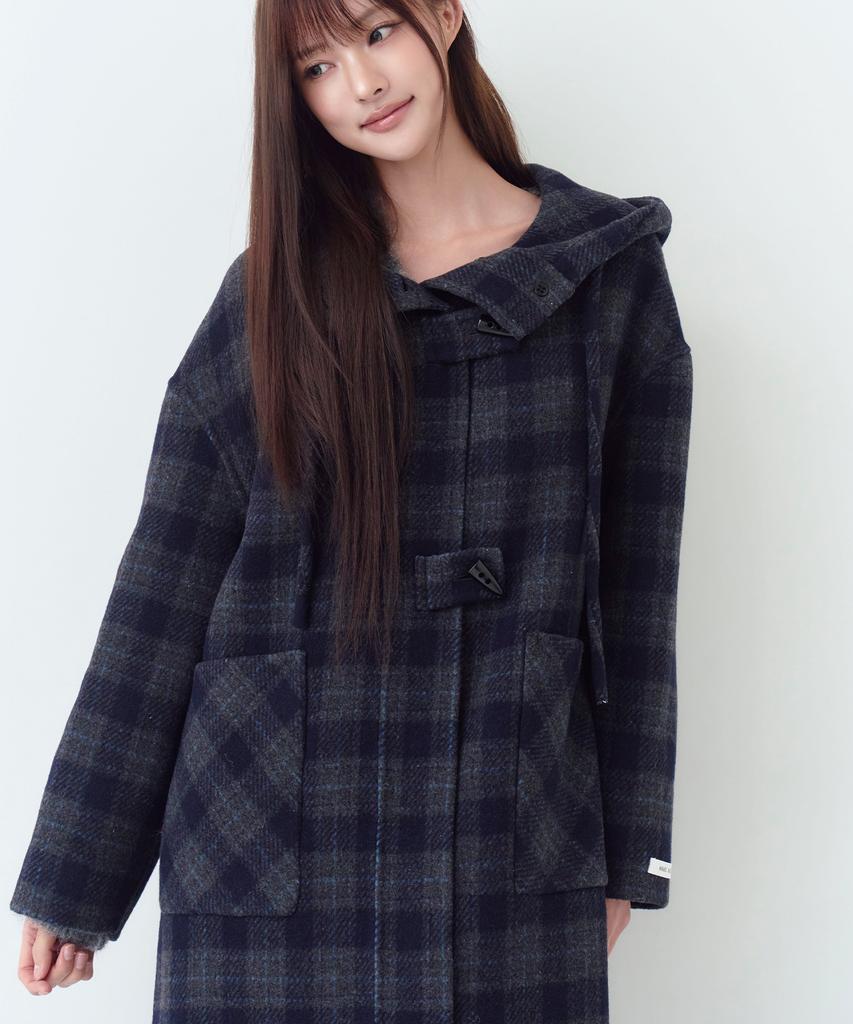 THE GREEN LAB Check Hooded Duffle Long Coat [Navy Check]