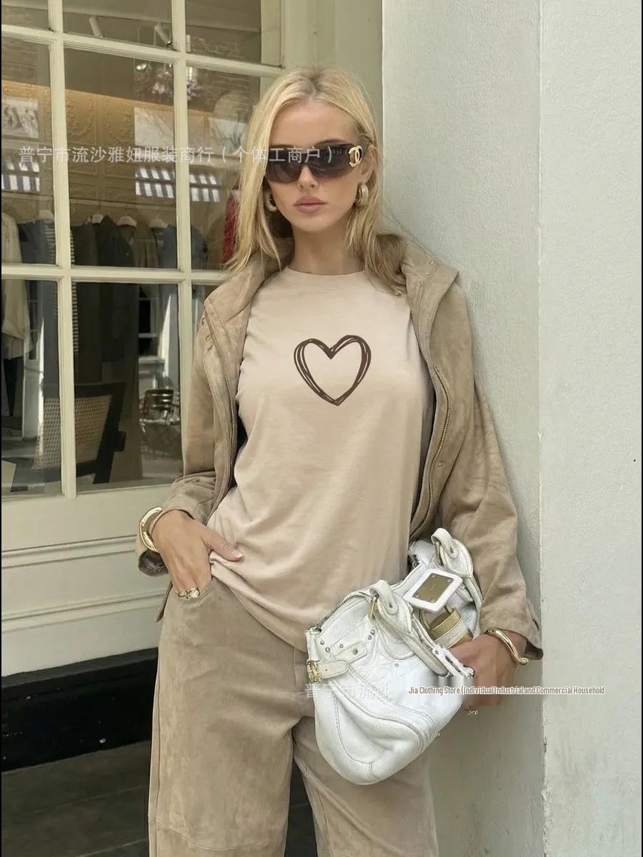 Chic Heart Print Pure Cotton Casual Women s Summer Top L легкие хаки