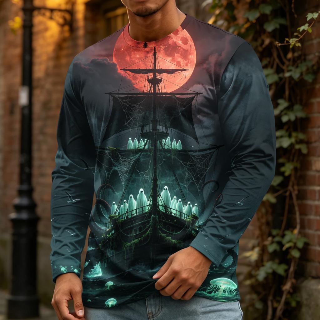 Men's Halloween Print Crewneck Long Sleeve T-Shirt for Casual Wear