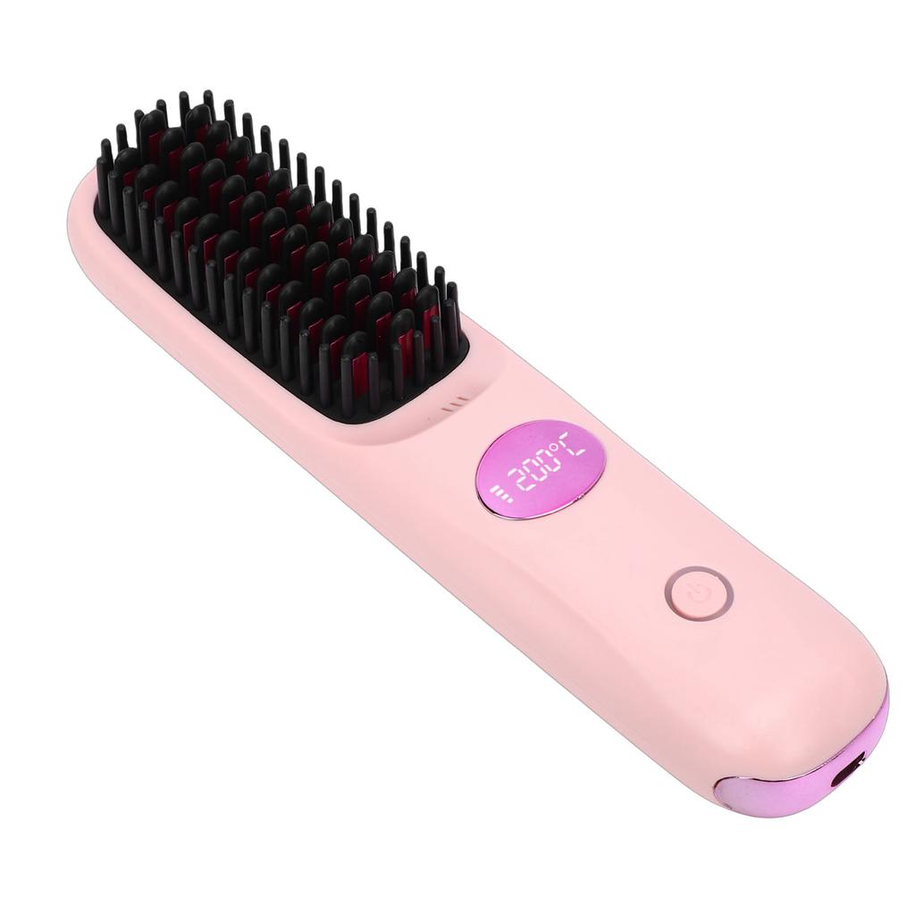 Cordless Hair Straightener Brush Fast Heating USB Rechargeabl LCD Portable Hair Straightening Comb Pink