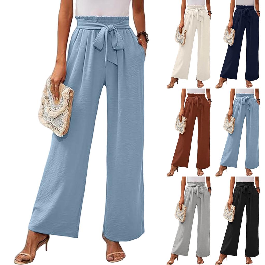 Women's High-Waisted Wide Leg Pants with Pockets - Color Casual Loose Fit Trousers for Daily Wear