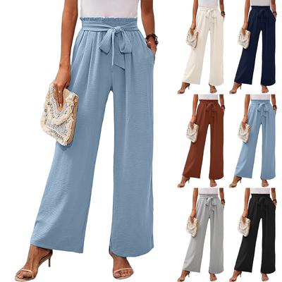 Women's High-Waisted Wide Leg Pants with Pockets - Color Casual Loose Fit Trousers for Daily Wear