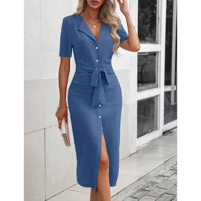 JKASHDK Damenmode Sommer Frühling Einfarbiger Druck Kurzarm V-Ausschnitt Hohe Taille Freizeitkleider