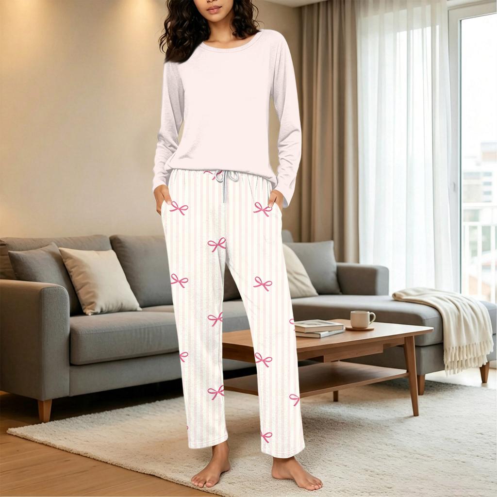 Women's Casual Neck Loose Fit Printed Pajama Set Sleepwear Pants