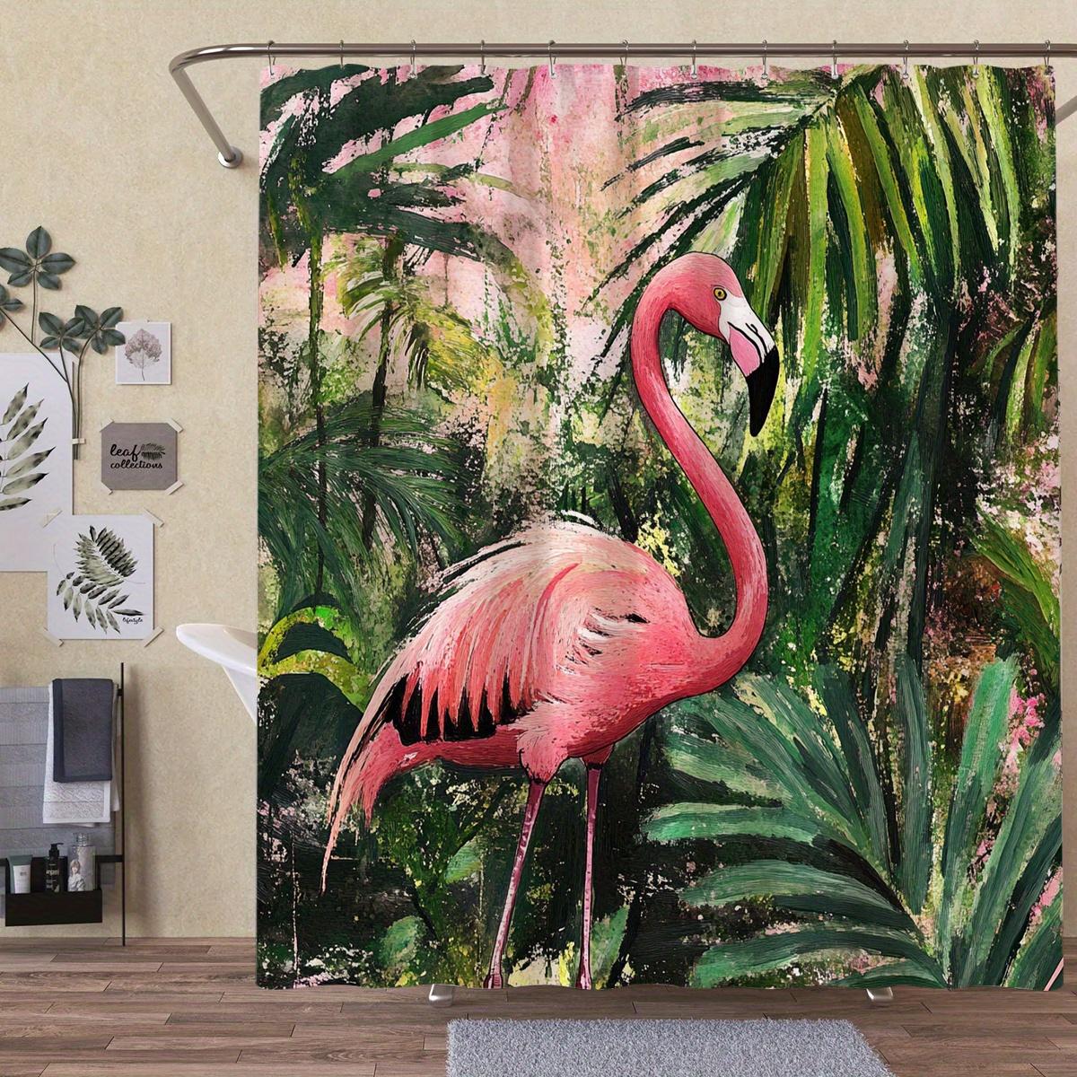 1 Tropical Flamingo Shower Curtain - Vibrant rainforest design, lush green leaves and pink flamingo pattern, durable curtain 90X180cm