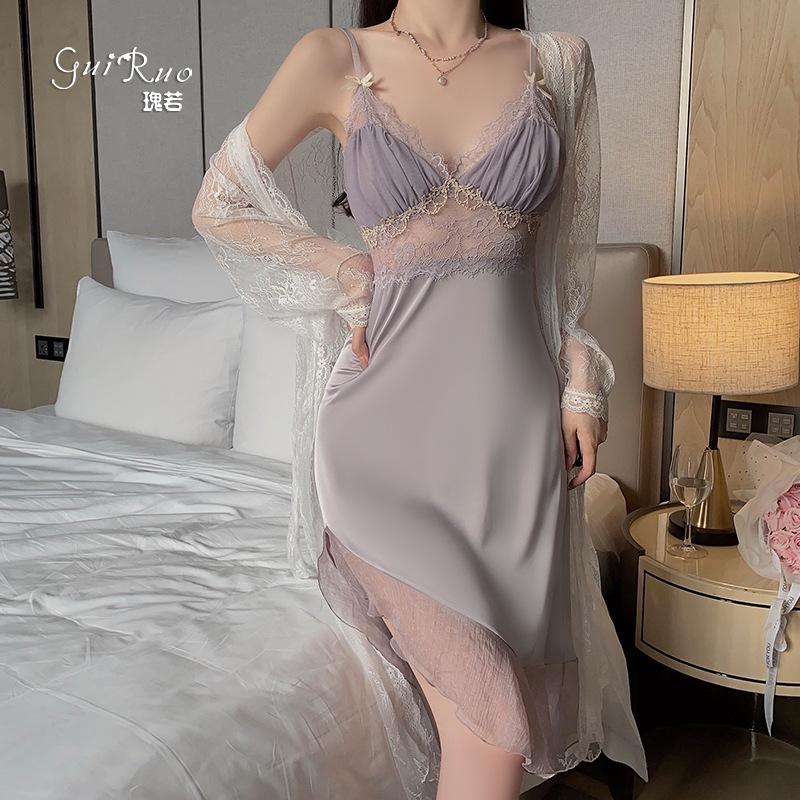 Women's Silky Padded Backless Cami Sleep Dress with Mesh Robe for Summer