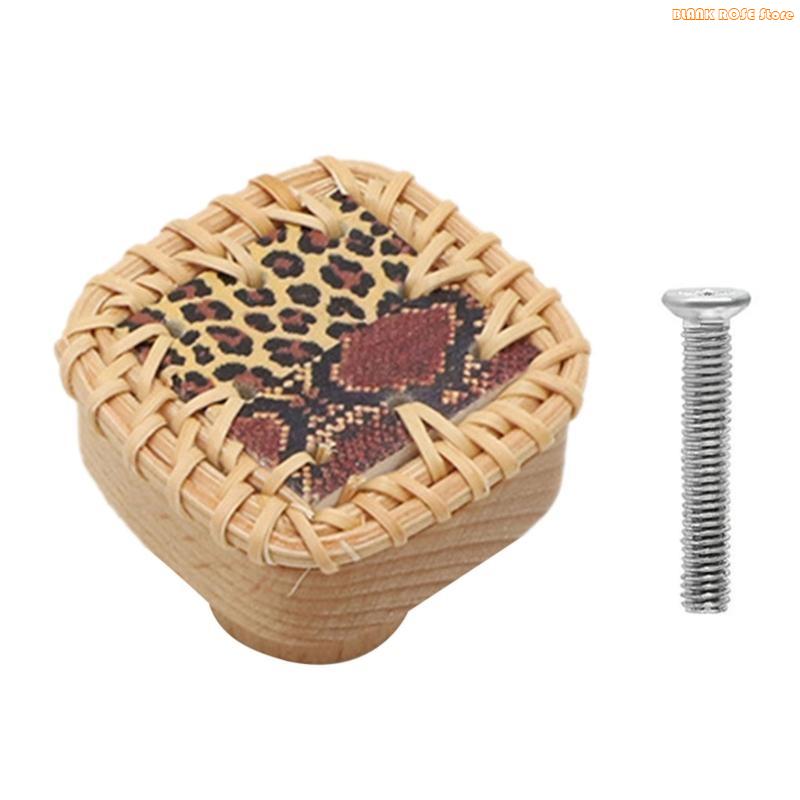 K1AE Wardrobe Knob Rattan Wooden Drawer Handle Cupboard Pulls Easy to Install