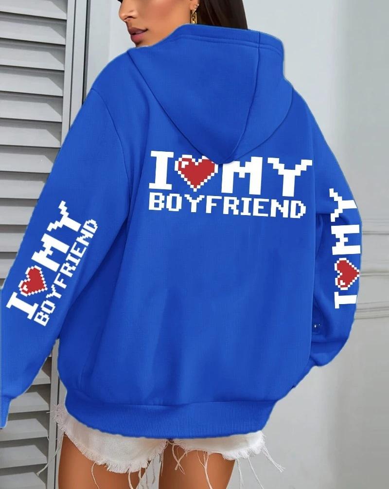I Love My Boyfriend Printed, Women'S Hoodie Fall Loose Casual Pocket Fleece Pullover