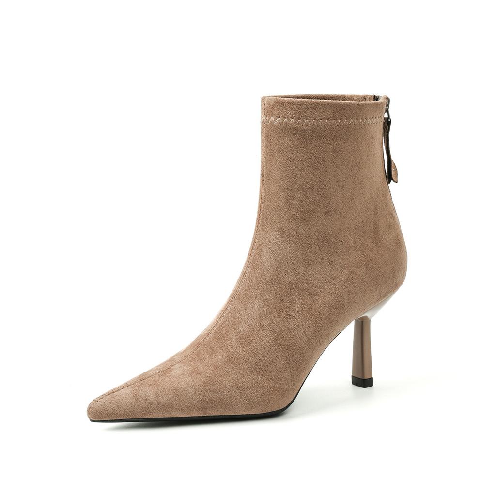 Cowhide version~ high-heeled short boots women's new spring and autumn single boots temperament pointed thin heel suede elastic thin boots
