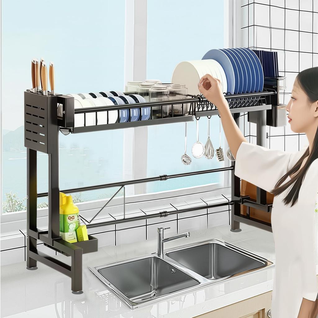 JPSunBloom Extendable Dish Stainless Large Dish Knife Cutting Board Easy Kitchen Dish Rack Extendable Over-the-Sink Drainer, Steel, Capacity, Stand,