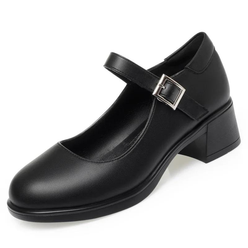 4cm Breathable Comfortable Shallow Mary Janes Soft Leather Shoes 2025 Fall Med Square Heels Shoes Black for Office Mom Work