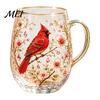 Glass Tea Cup Morning Cup, Hummingbird Flower Pattern Tumbler with Gold Rim, Nature Themed Glassware for Coffee Juice Wine Hot Cold Drinks Gift