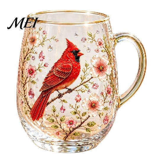 Glass Tea Cup Morning Cup, Hummingbird Flower Pattern Tumbler with Gold Rim, Nature Themed Glassware for Coffee Juice Wine Hot Cold Drinks Gift
