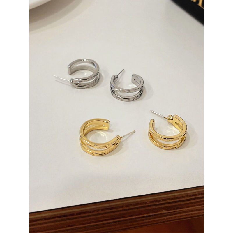 Metal Double Layer Hoop Earrings Ear Clip without Pierced Female Minimalist All-Match Temperamental Stud Earrings Special-Interest Earrings Tide