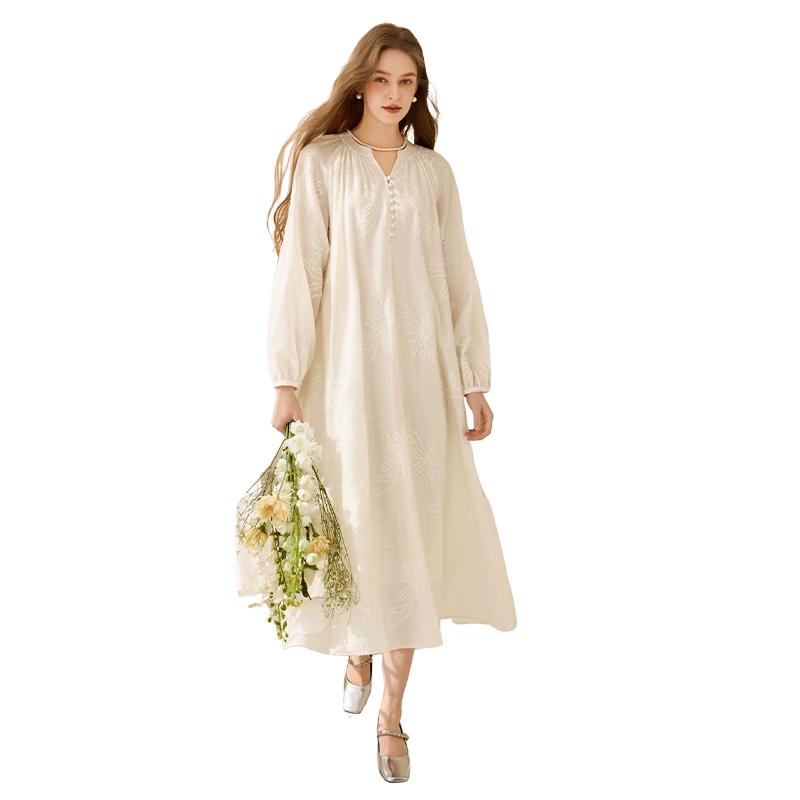 Puff Sleeve V-neck Embroidered A-line Dress L