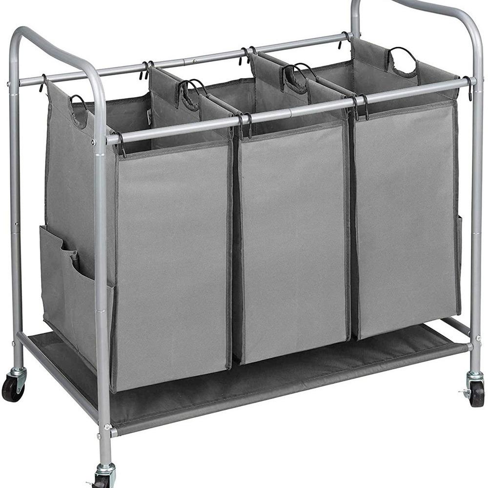 Large Oxford Cloth Laundry Basket with Three Compartments and Wheels for Easy Sorting and Mobility