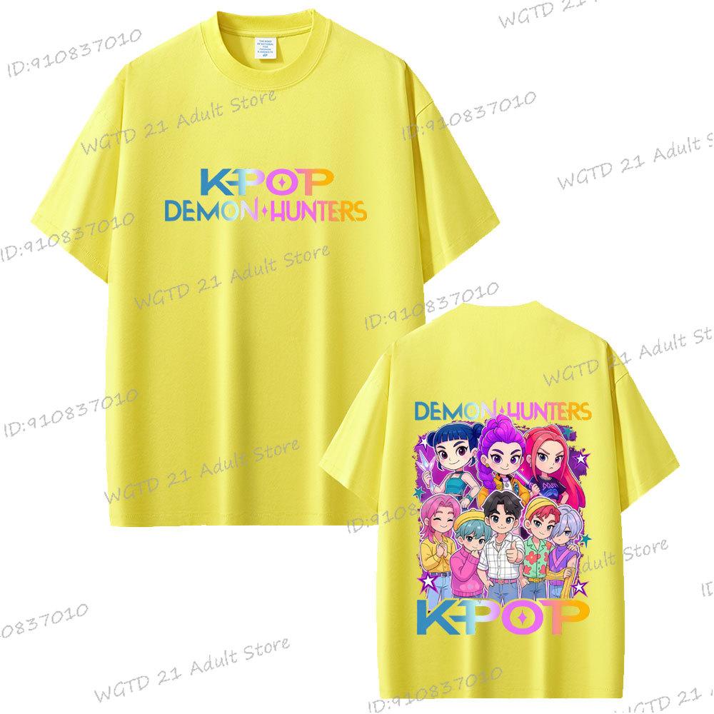 

Горячий фильм K-pop Охотники на демонов Футболка Мультяшная Руми Мира Зои Саджа Мальчики Футболка Мужчины Женщины Хлопок Мода Футболки с круглым вырезом Подарок для фанатов 3XL